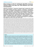 Meta-analysis of 28,141 individuals identifies common variants within five new loci that influence uric acid concentrations